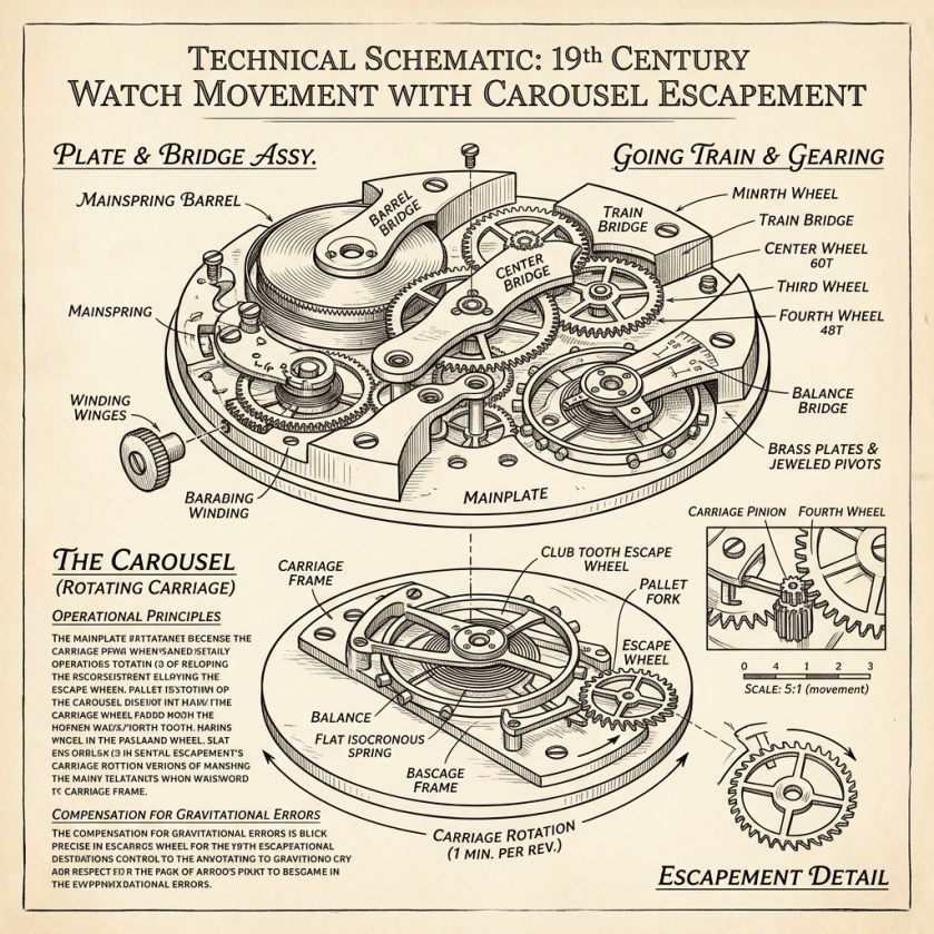 Technical schematic of 19th century watch movement showing mainspring barrel, going train gearing, carousel, and escapement detail with labeled parts