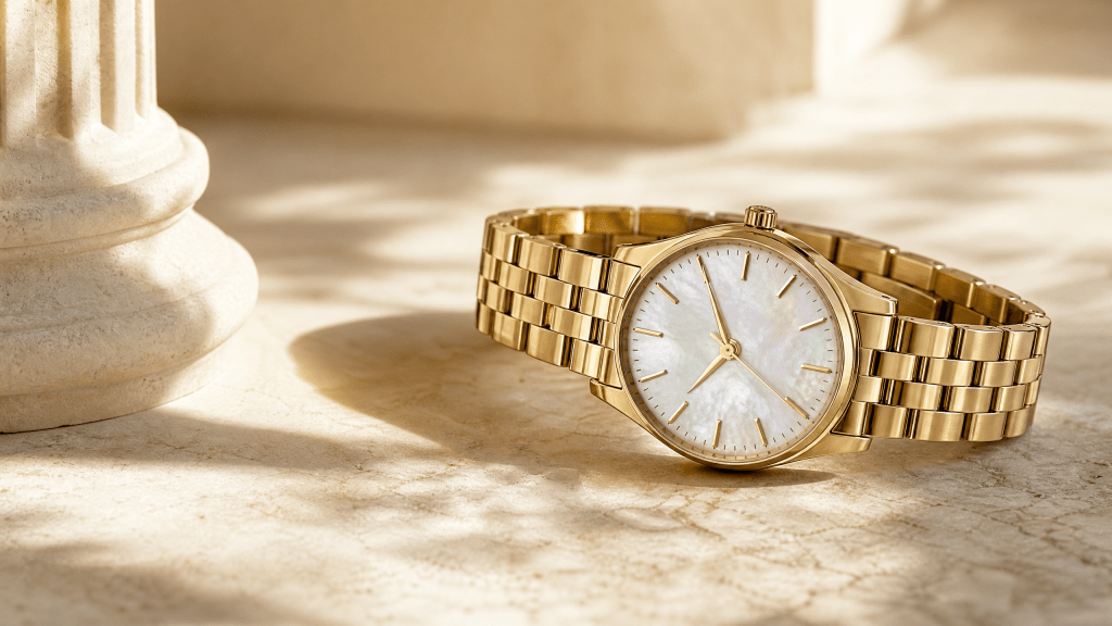 Editorial illustration of a compact gold-tone solar-powered dress watch with a mother-of-pearl-style dial.