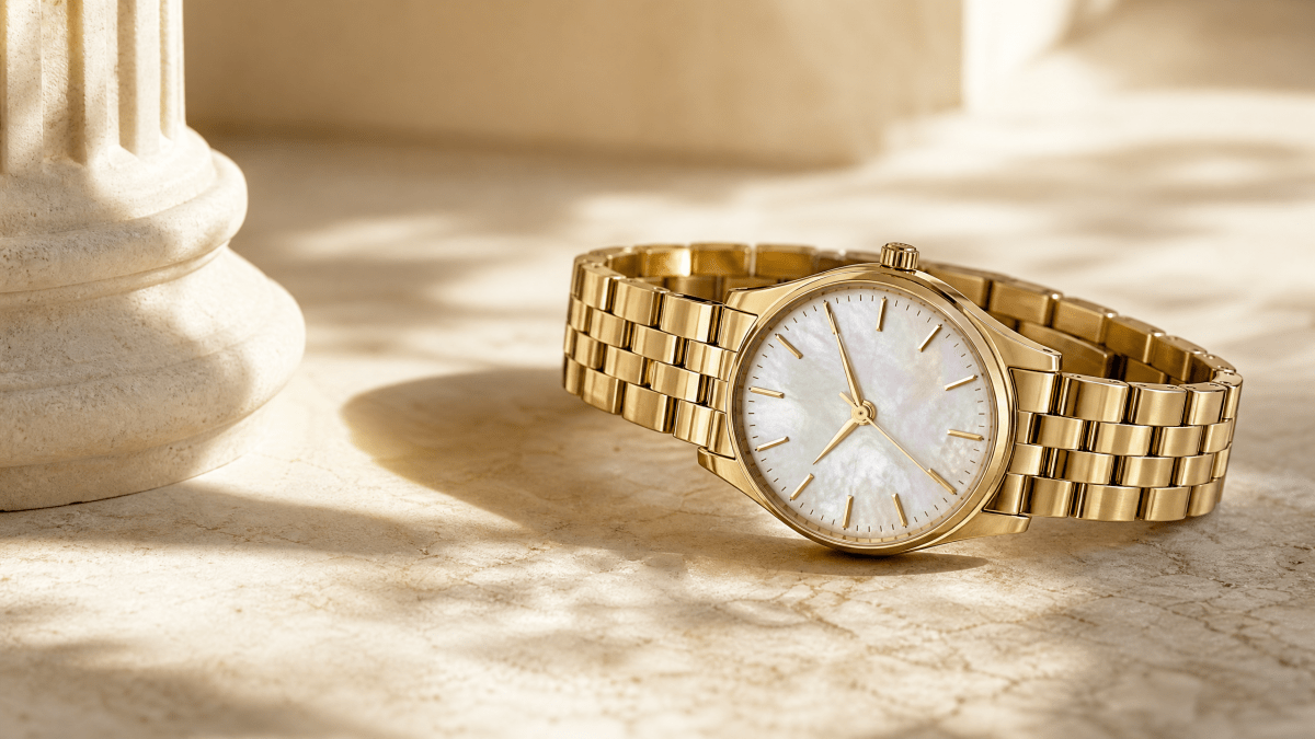 Editorial illustration of a compact gold-tone solar-powered dress watch with a mother-of-pearl-style dial.