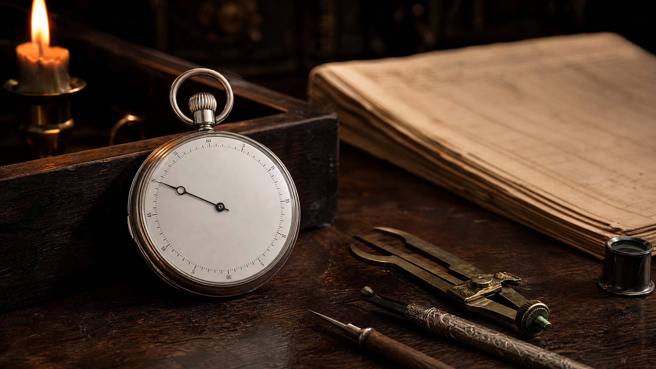 Historically inspired single-hand pocket watch with a white enamel dial on an eighteenth-century watchmaker's desk