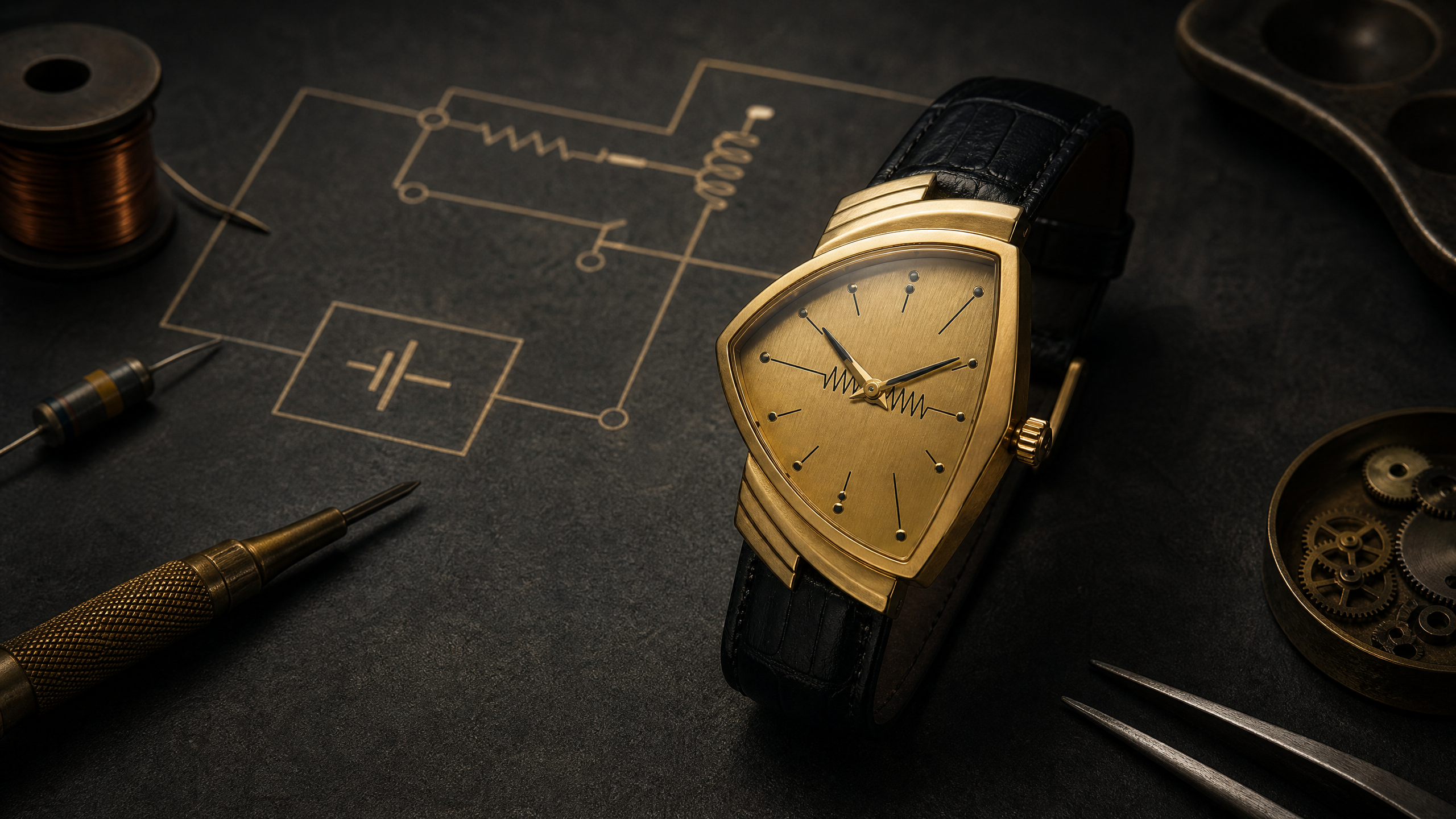 Original editorial illustration inspired by the 1957 Hamilton Ventura electric watch