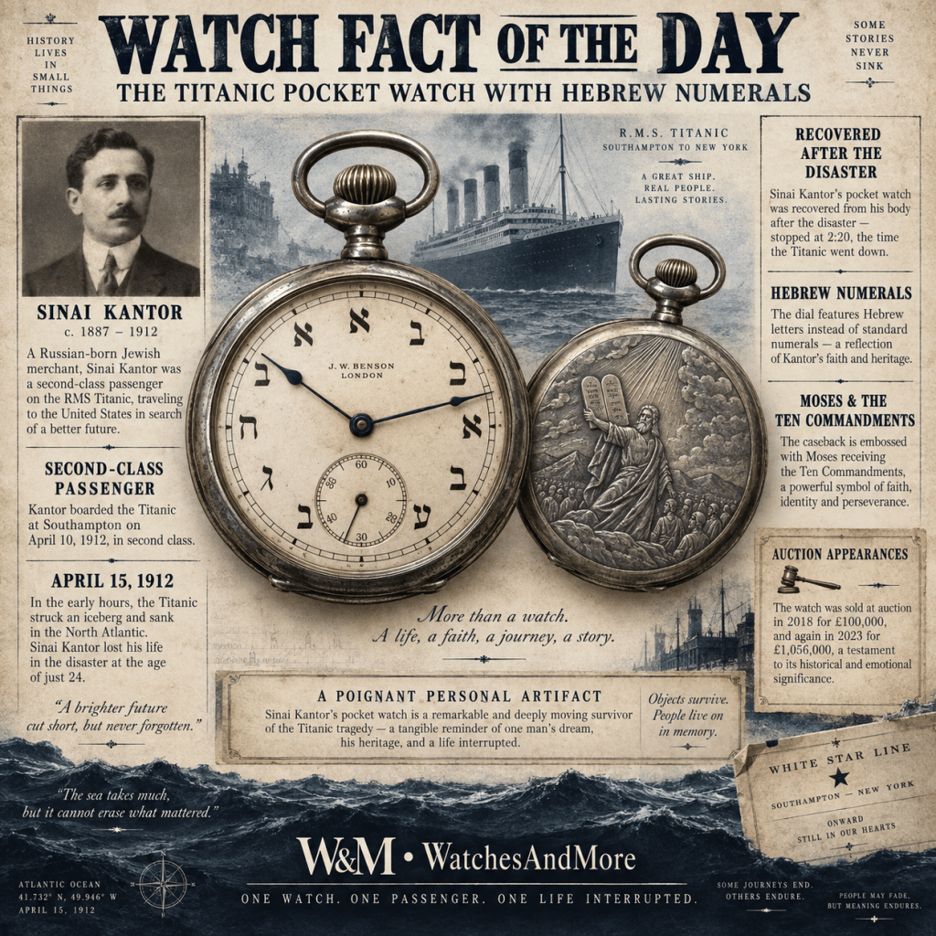 An illustrated article about Sinai Kantor's Titanic pocket watch, featuring Hebrew numerals. The image includes a vintage photo of Kantor, details about the watch's history, and its significance as a personal artifact from the Titanic disaster.