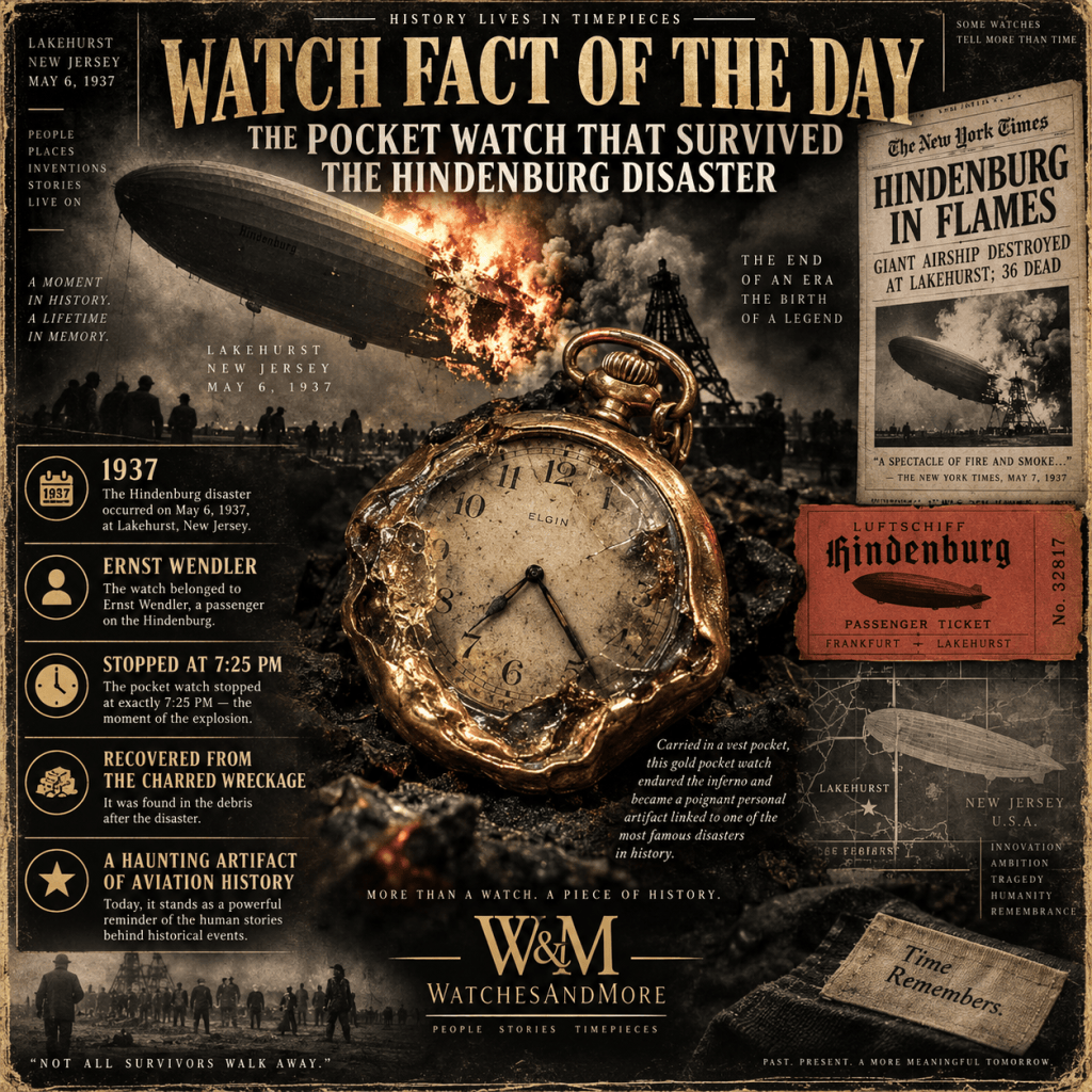 A vintage pocket watch that survived the Hindenburg disaster, showing signs of damage and history, surrounded by newspaper clippings and facts about the event. The background features an image of the Hindenburg in flames with a timeline of the disaster.