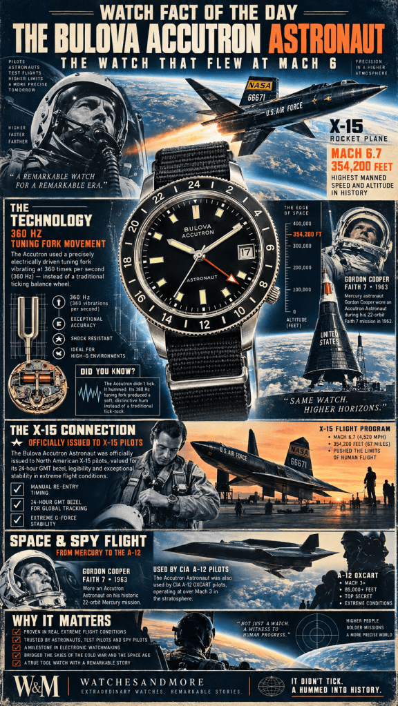 Infographic about the Bulova Accutron Astronaut watch, highlighting its history with NASA and its use by X-15 pilots, featuring details about its technology and significance in space exploration.