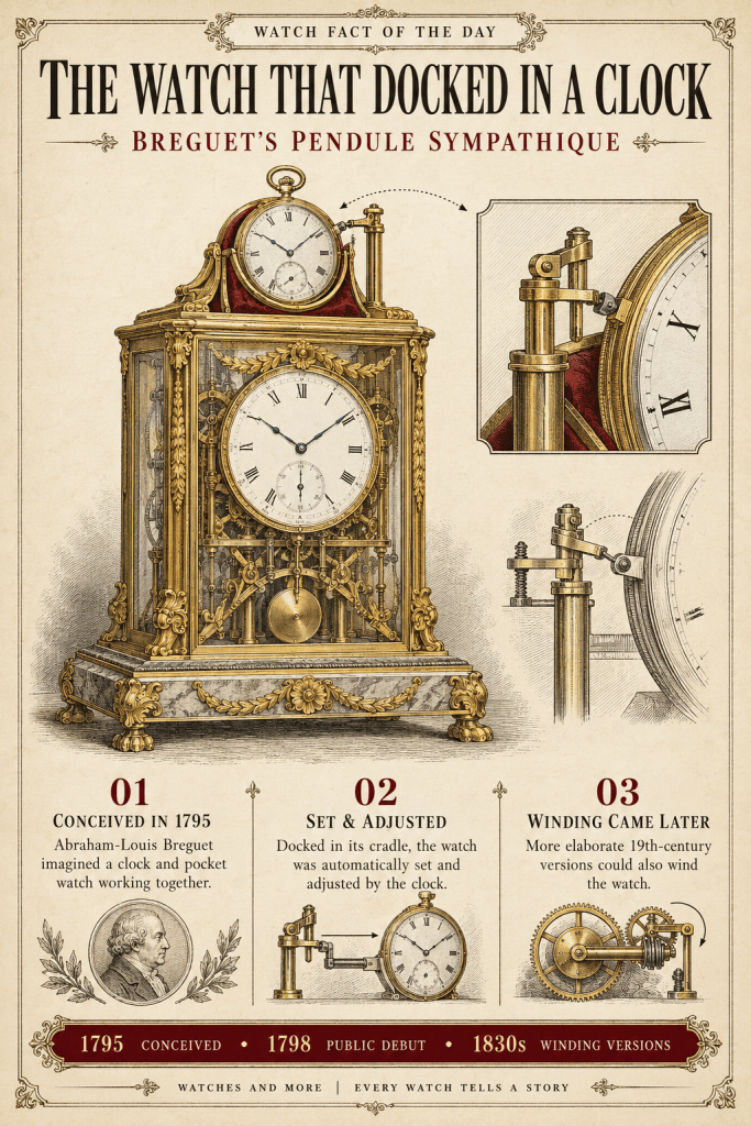 An illustrated infographic about Breguet's Pendule Sympathique, showcasing a clock and docked pocket watch, including historical facts about its conception in 1795, its automatic setting feature, and later winding versions from the 1830s.