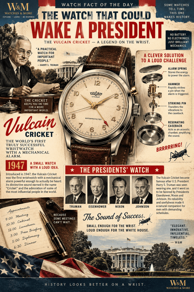 An infographic showcasing the history and features of the Vulcain Cricket watch, including its mechanical alarm designed to wake important figures, with images of U.S. Presidents who wore it, and the watch's key components.