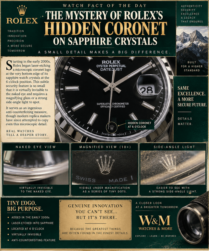 Infographic about Rolex's hidden coronet on sapphire crystals, highlighting its laser-etched detail at the 6 o'clock position, with various views including naked eye, magnified, and side-angle light.