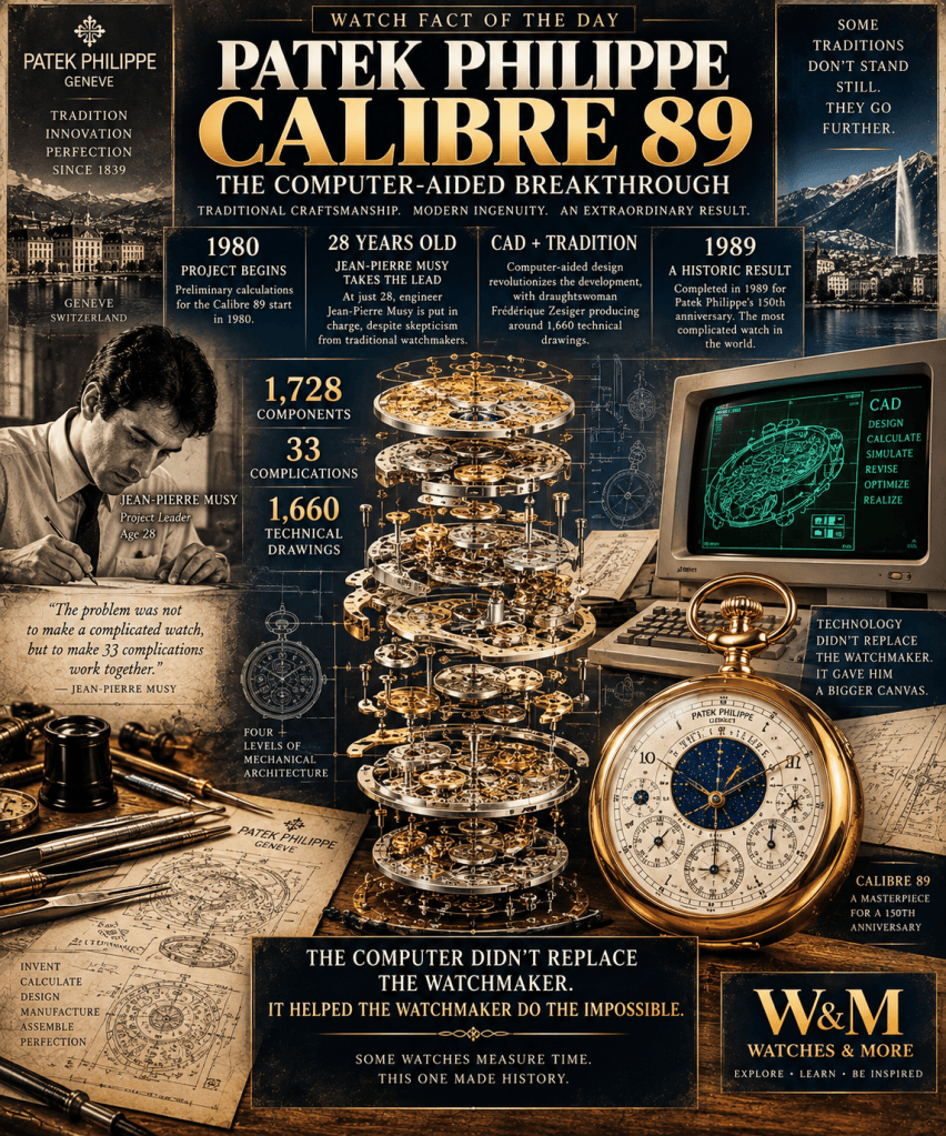 Infographic about the Patek Philippe Calibre 89 watch, showcasing its history, innovative designs, and technological advancements in watchmaking.