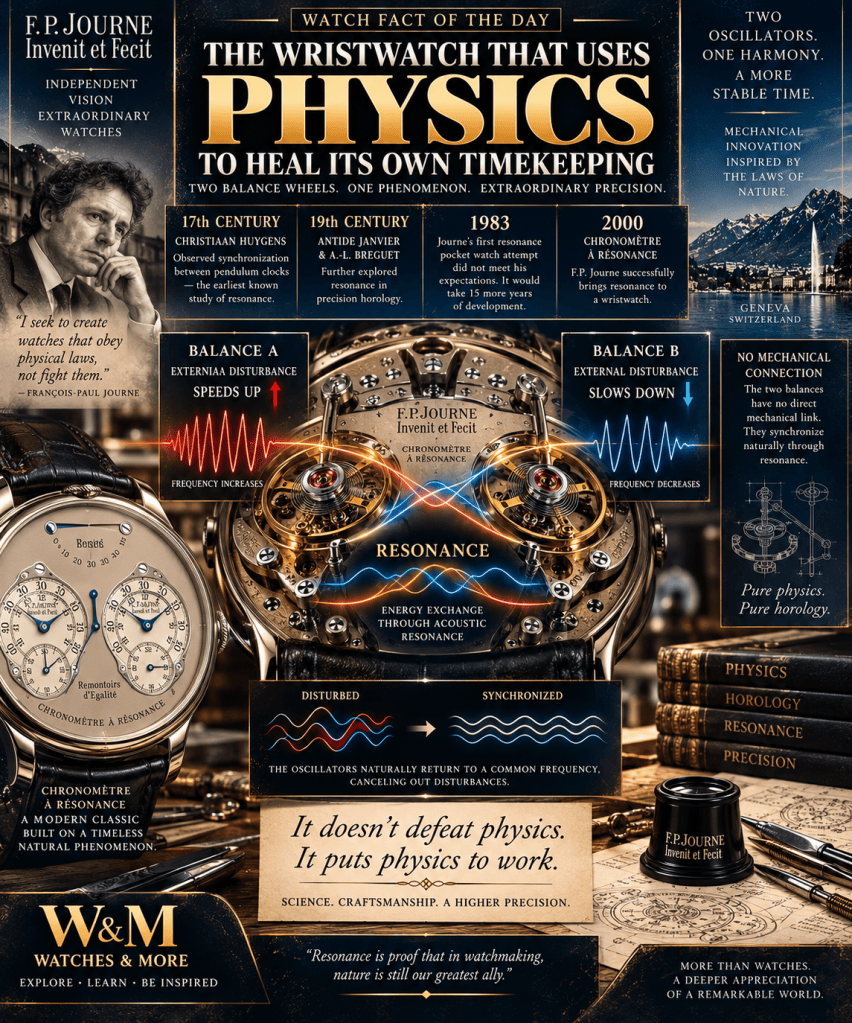 Infographic detailing F.P. Journe's innovative wristwatch that utilizes physics, specifically resonance, to enhance timekeeping accuracy. Includes historical references from the 17th and 19th centuries and describes the mechanics of two balance wheels. Features images of the watch, key phrases, and a quote from François-Paul Journe.