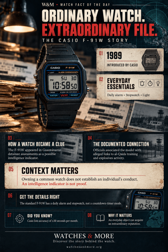 Infographic about the Casio F-91W watch detailing its history, features, and significance, with sections highlighting its introduction in 1989, daily essentials like alarm and stopwatch, and its controversial association with intelligence assessments.