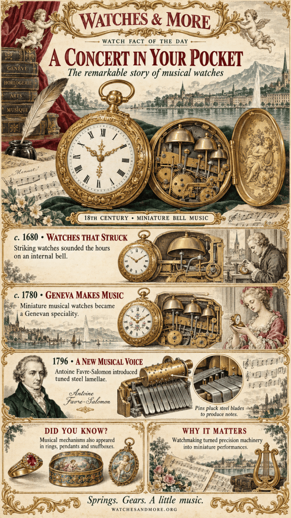 Infographic titled 'A Concert in Your Pocket' detailing the history of musical watches, featuring illustrations of pocket watches, musical mechanisms, and historical figures, along with timelines from the 18th century to the 1790s.