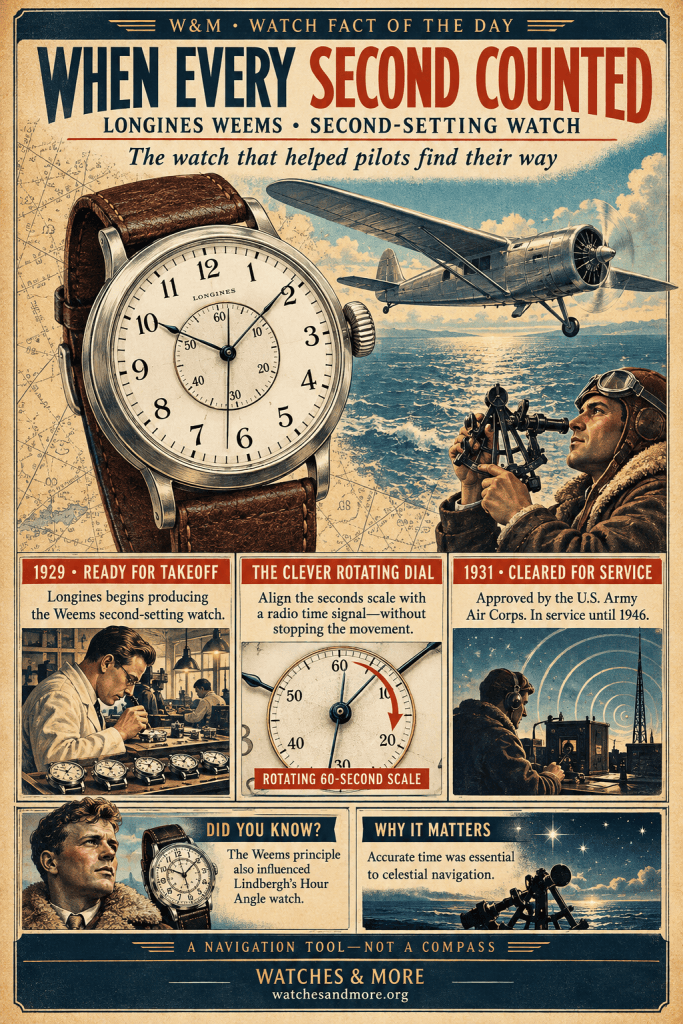Vintage advertisement for the Longines Weems second-setting watch, featuring a close-up of the watch and an airplane in flight. Includes historical information about the watch, emphasizing its significance for pilots and celestial navigation.