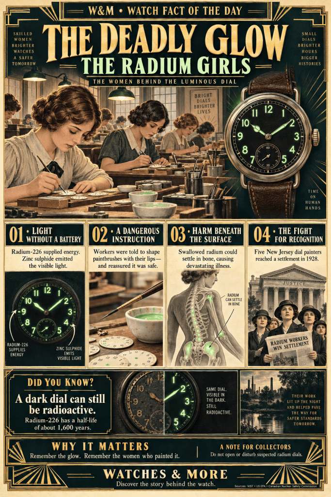 An educational infographic titled 'The Deadly Glow: The Radium Girls,' highlighting the history of women who painted watch dials with radium, detailing the dangers they faced.