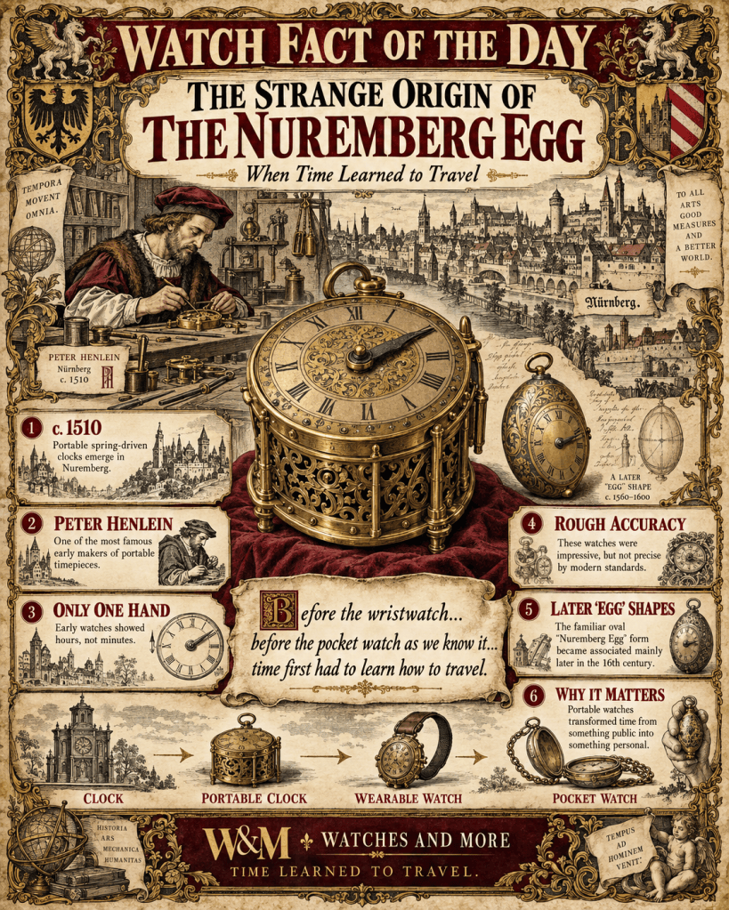 Infographic titled 'Watch Fact of the Day' discussing the origin of the Nuremberg Egg, highlighting historical points about portable spring-driven clocks, Peter Henlein, and the evolution of timekeeping devices.