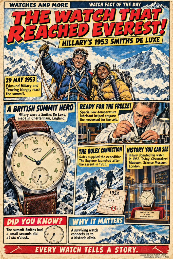 Illustration detailing the Smiths De Luxe watch worn by Edmund Hillary during the 1953 Everest expedition, featuring historical facts and images of climbers and the watch itself.